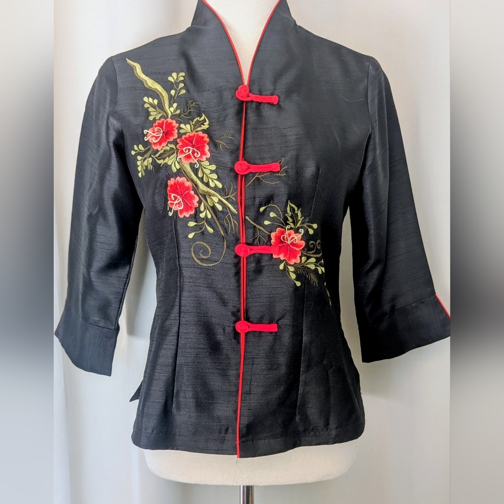 Black Silk Asian Top With Red Floral Embroidery